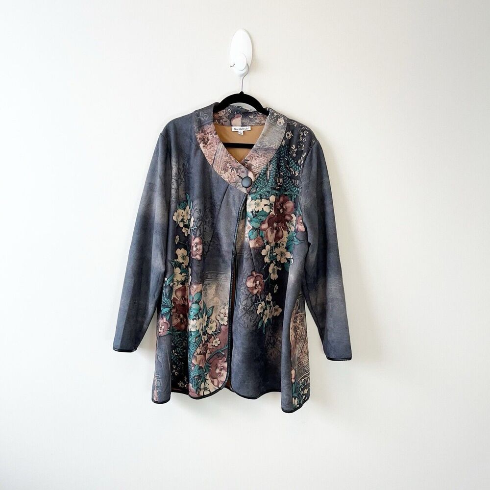 North Style Women’s Soft Floral Jacket Blazer Lagon Look Boho Gray Size Large